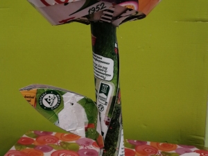 Visualização dos respetivos símbolos de reciclagem e selo da Tetra Pak no caule e folhas.
