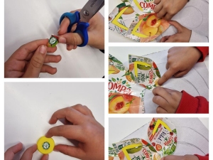 Montagem da flor numa base de cartão e uso do selo da Tetra Pack.