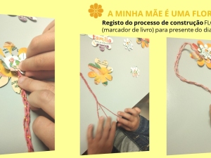 Alunos a criar os marcadores de livro, com recurso A técnicas de recorte e colagem.