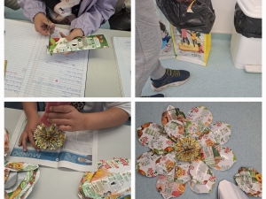 Os alunos trouxeram as embalagens Compal que foram cuidadosamente lavadas e estão a ser preparadas para a construção da FLOR.