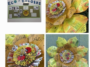 A FLOR foi colocada no painel Eco escolas, sendo bem visível em cinco  pétalas o selo Tetra Pak.
