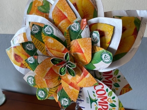 Flor construída com as embalagens da Compal e selo da Tetra Pack